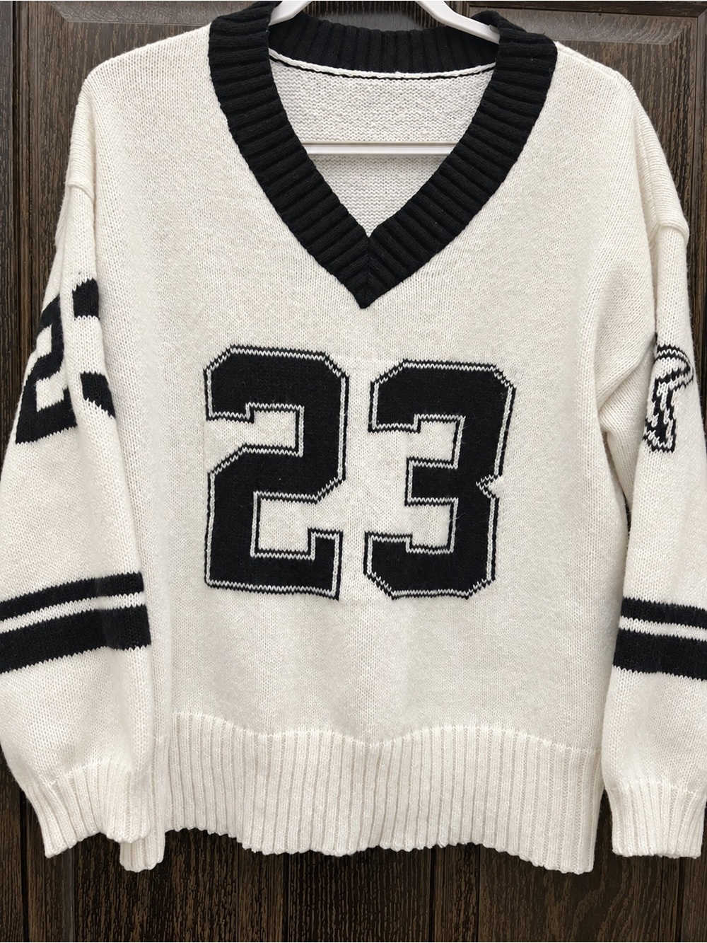 Cream V-Neck Sweater with Black Number 23
